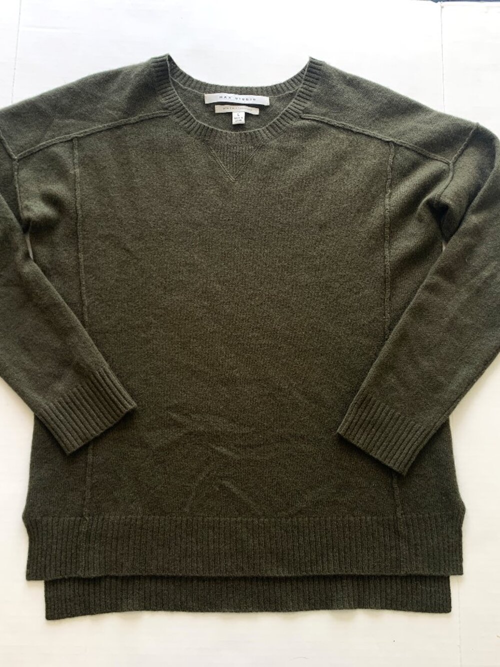 Max Studio 100% 2-ply Cashmere Olive Green Round neck Tunic Sweater Size L